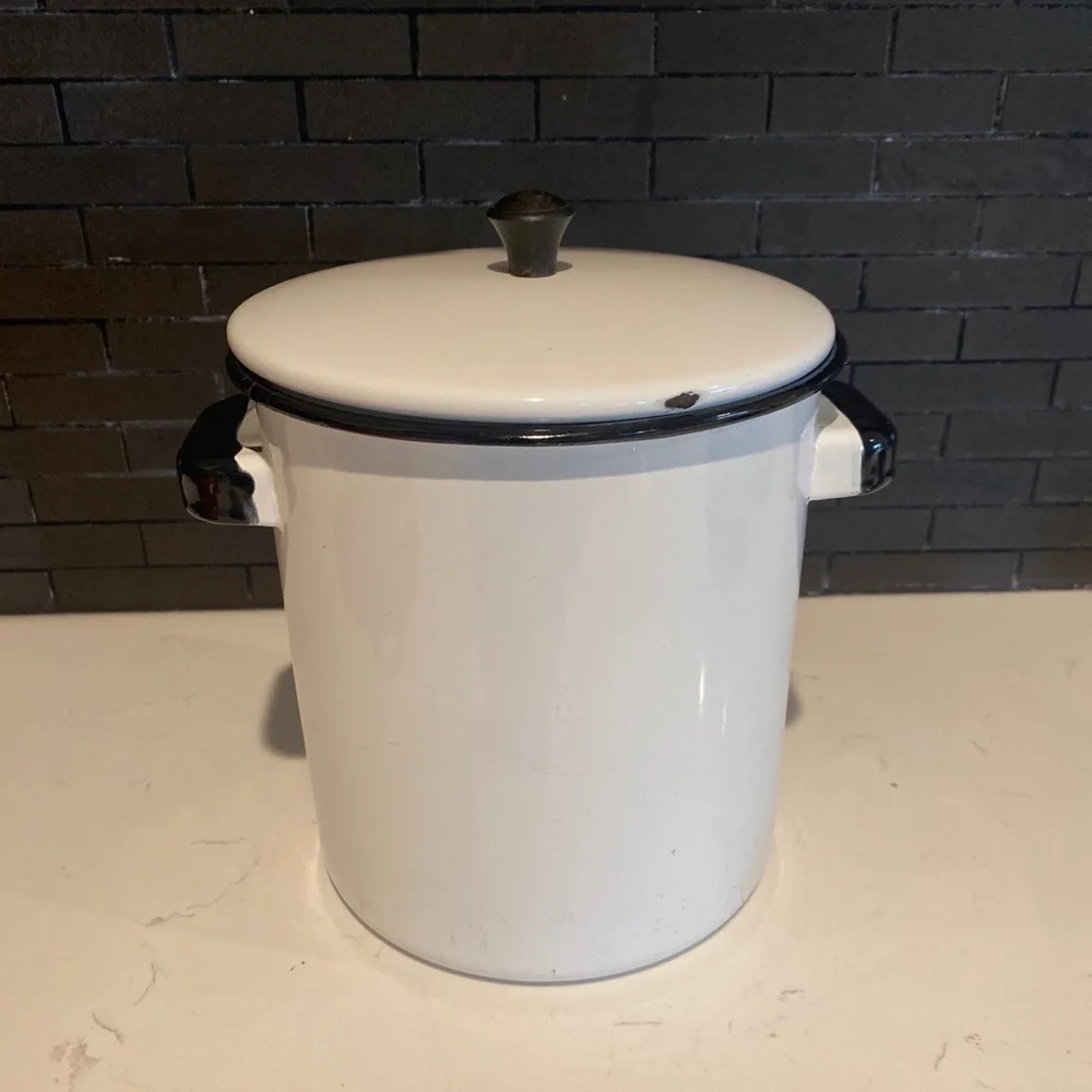 Vintage White Enamelware Pot Black Trim Lid Insert 3 Pc Complete Set Rare   MCM